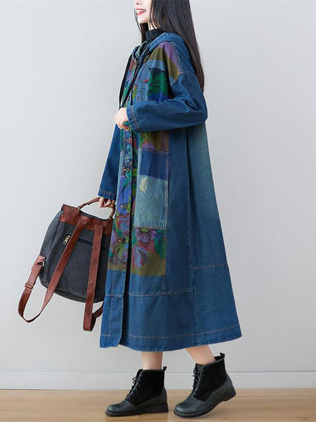 Women Spring Flower Print Loose Long Denim Dress AS1038 YTLSFZ
