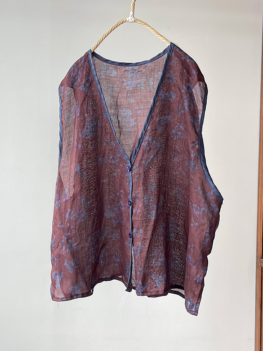 Women Vintage Floral Print Ramie Vest OO1001 YCGS