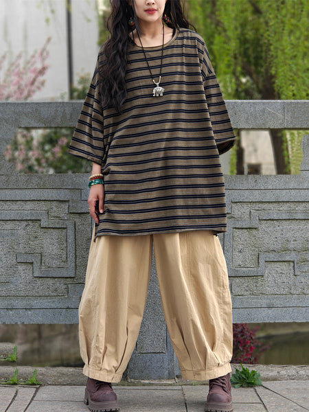 Casual Shirt Stripe Summer Cotton Plus Size Women FashionChic