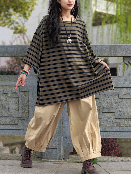 Casual Shirt Stripe Summer Cotton Plus Size Women FashionChic