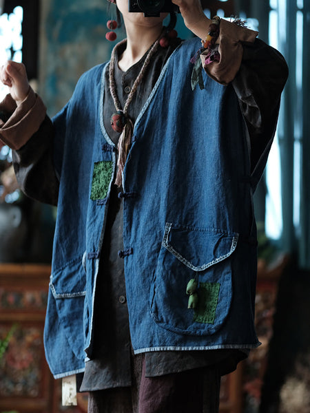 Women Vintage Summer Spliced Thin Button-Up Vest CC024 BUYKUD