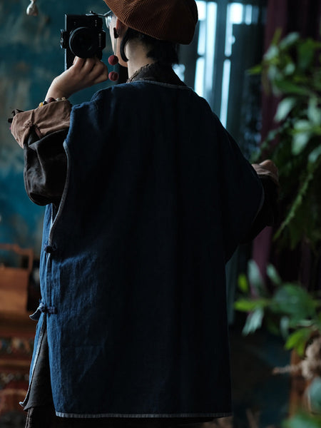 Women Vintage Summer Spliced Thin Button-Up Vest CC024 BUYKUD