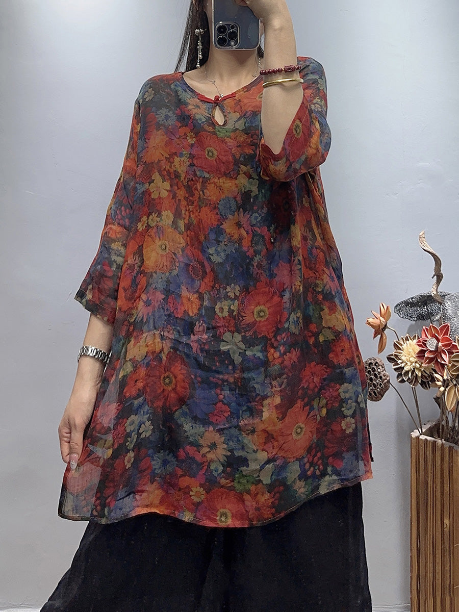 Plus Size Women Vintage Flower Summer Loose Ramie Shirt WE1030 Ada Fashion