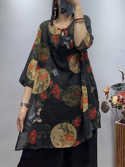 Plus Size Women Vintage Flower Summer Loose Ramie Shirt WE1030 Ada Fashion