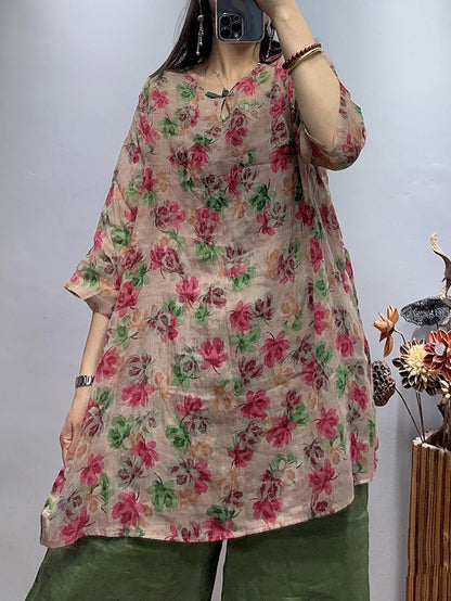 Plus Size Women Vintage Flower Summer Loose Ramie Shirt WE1030 Ada Fashion