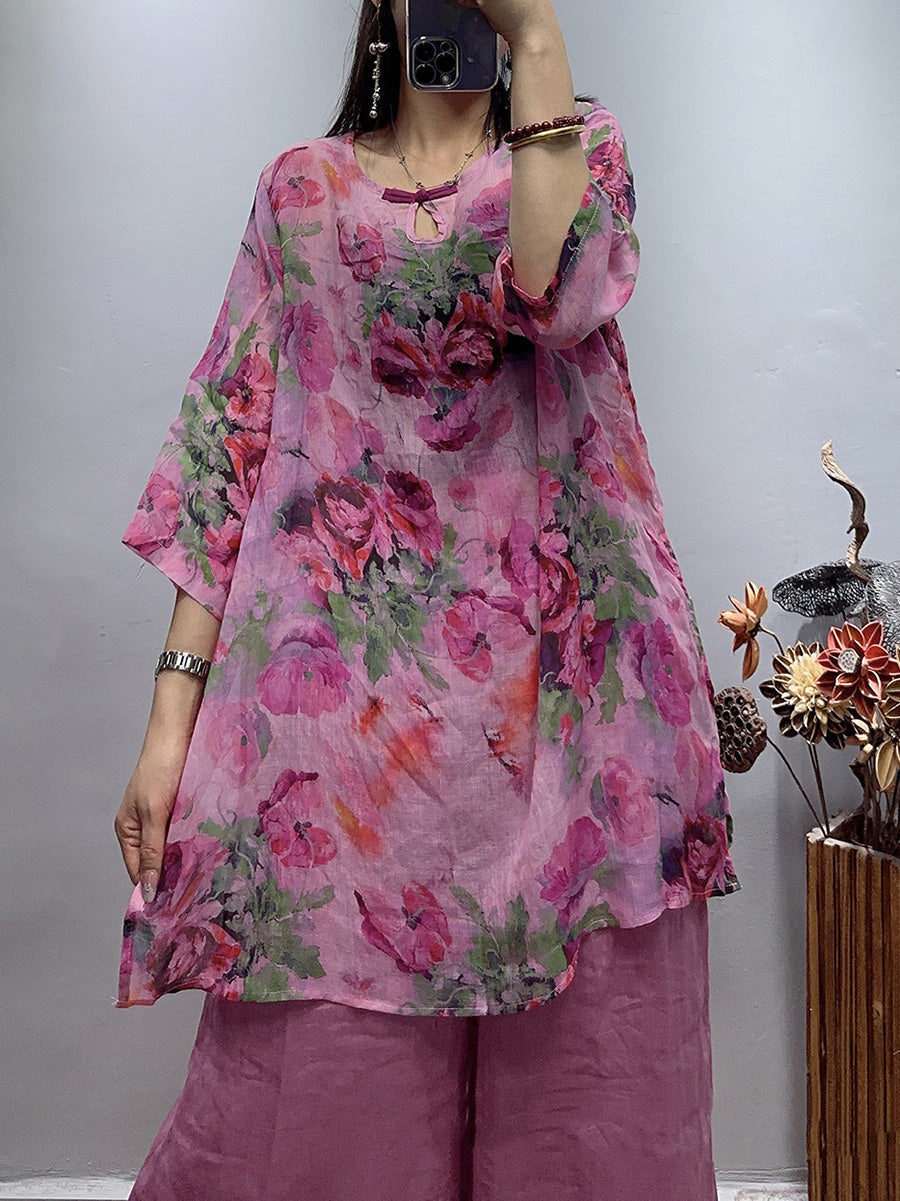 Plus Size Women Vintage Flower Summer Loose Ramie Shirt WE1030 Ada Fashion