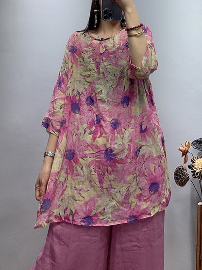 Plus Size Women Vintage Flower Summer Loose Ramie Shirt WE1030 Ada Fashion