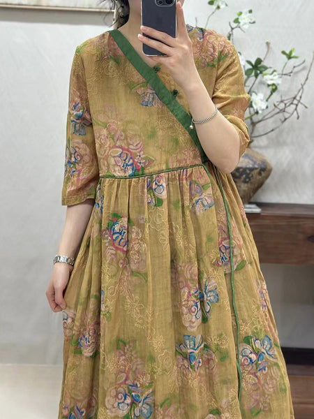 Women Vintage Flower Spliced Linen Dress CO1002 Ada Fashion