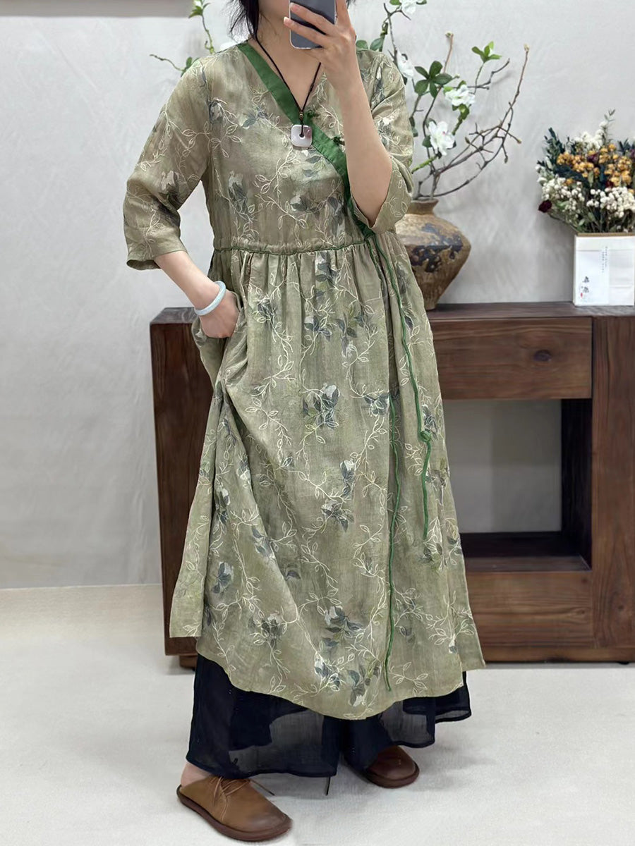 Women Vintage Flower Spliced Linen Dress CO1002 Ada Fashion