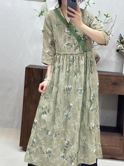 Women Vintage Flower Spliced Linen Dress CO1002 Ada Fashion