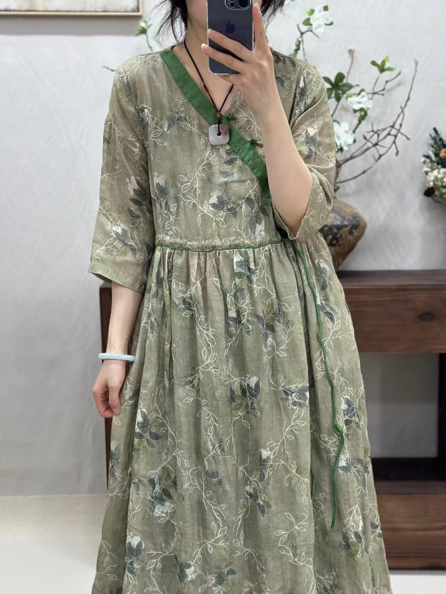 Women Vintage Flower Spliced Linen Dress CO1002 Ada Fashion