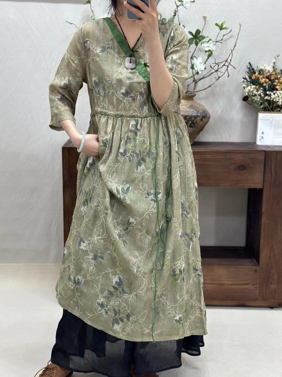 Women Vintage Flower Spliced Linen Dress CO1002 Ada Fashion