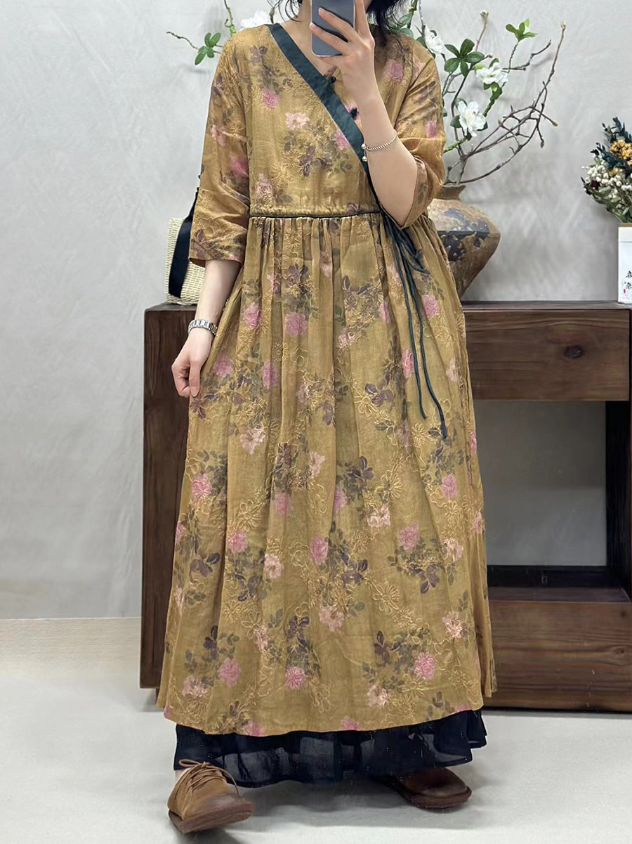 Women Vintage Flower Spliced Linen Dress CO1002 Ada Fashion