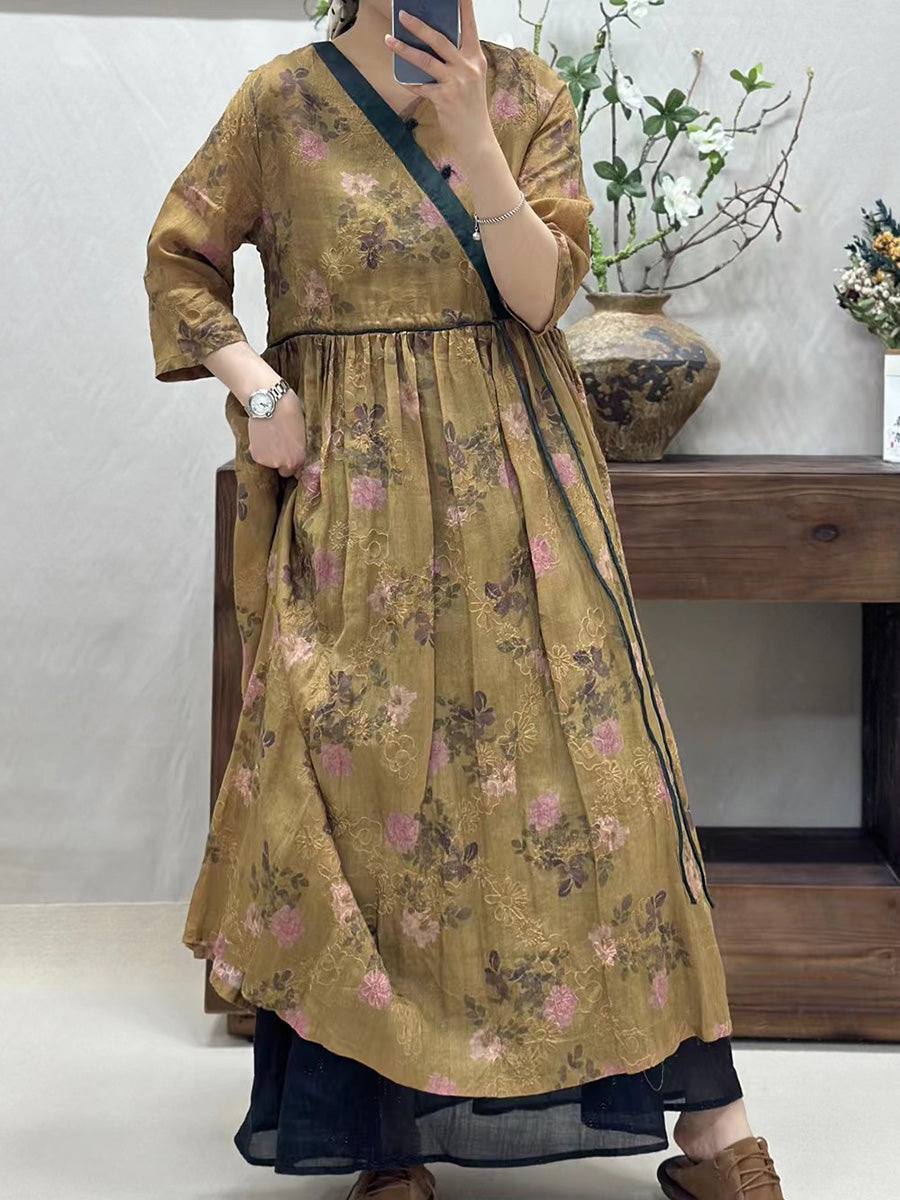 Women Vintage Flower Spliced Linen Dress CO1002 Ada Fashion