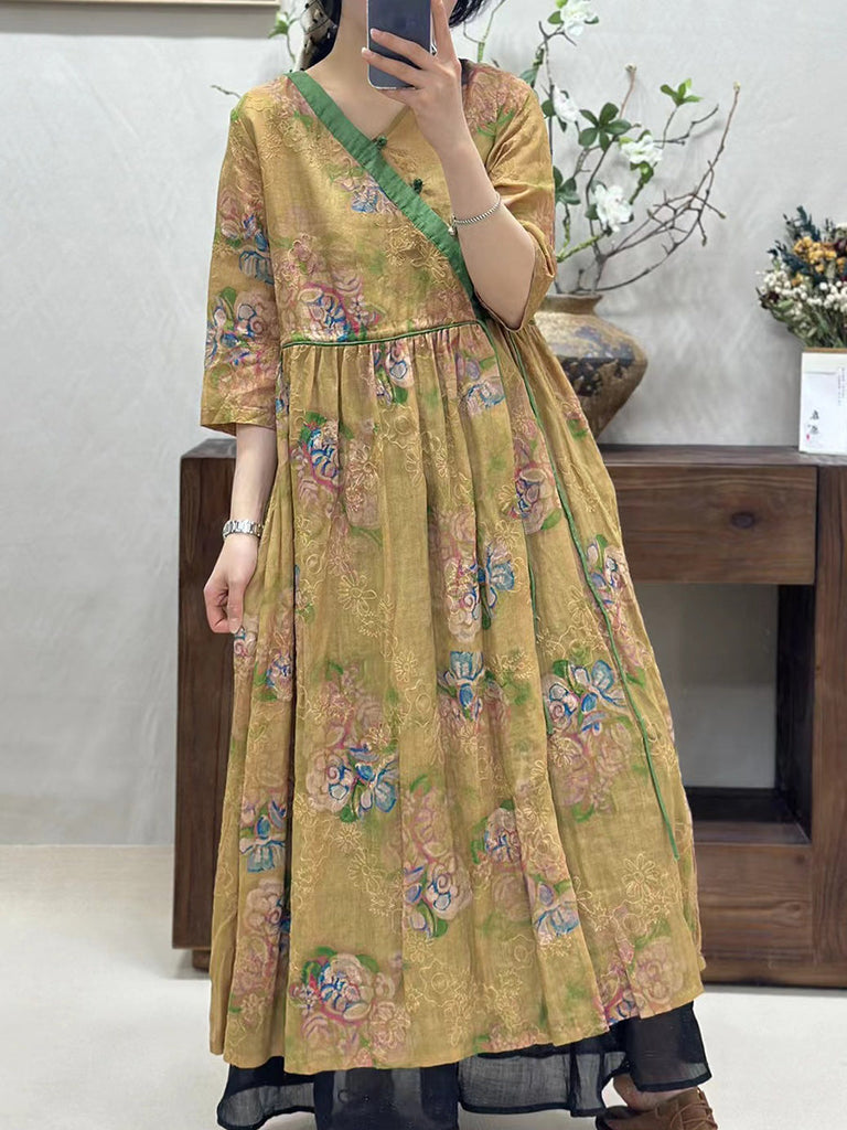 Women Vintage Flower Spliced Linen Dress CO1002 Ada Fashion