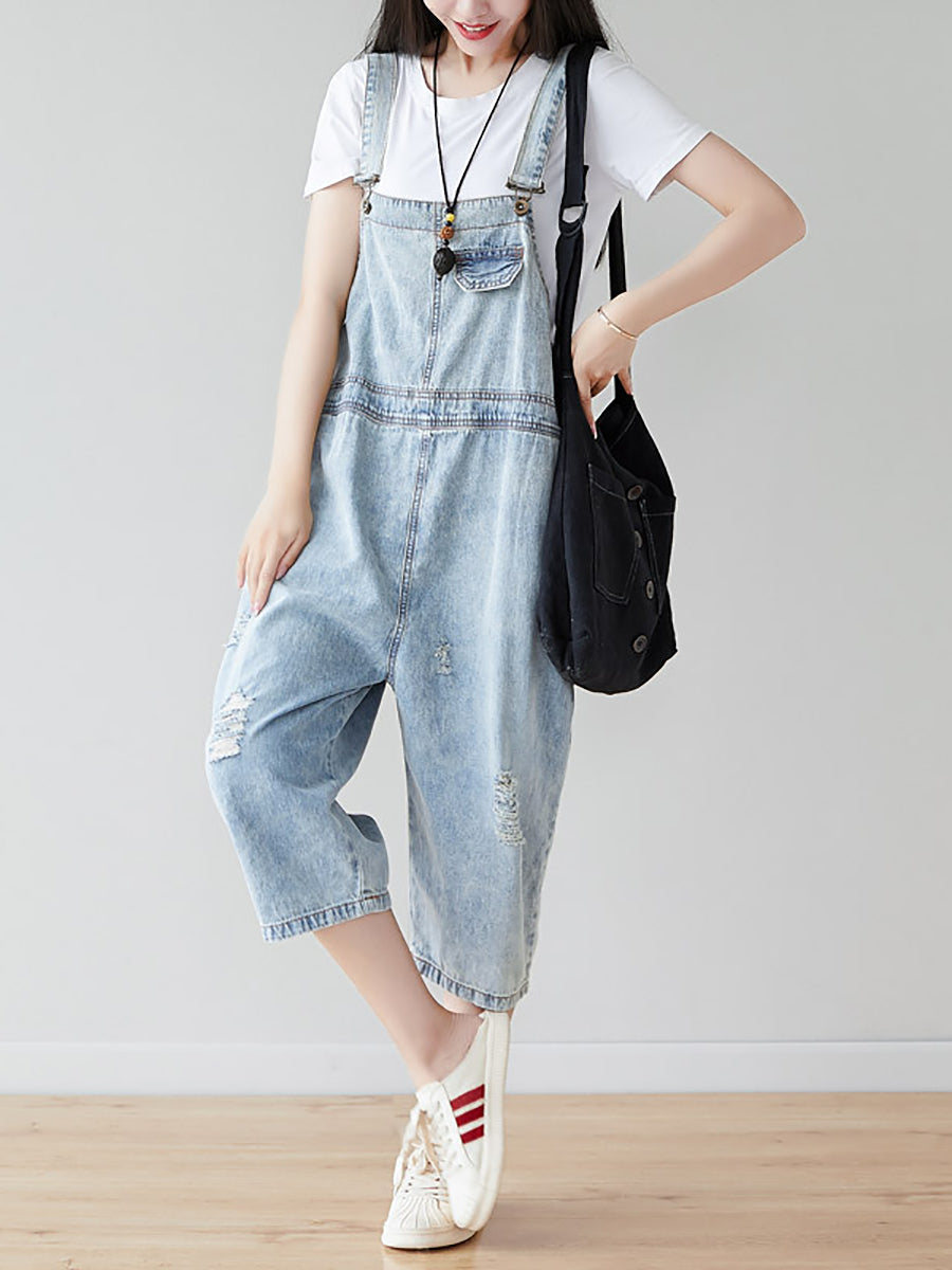 Women Retro Frayed Solid Claf-Length Denim Jumpsuits CO1019 Ada Fashion