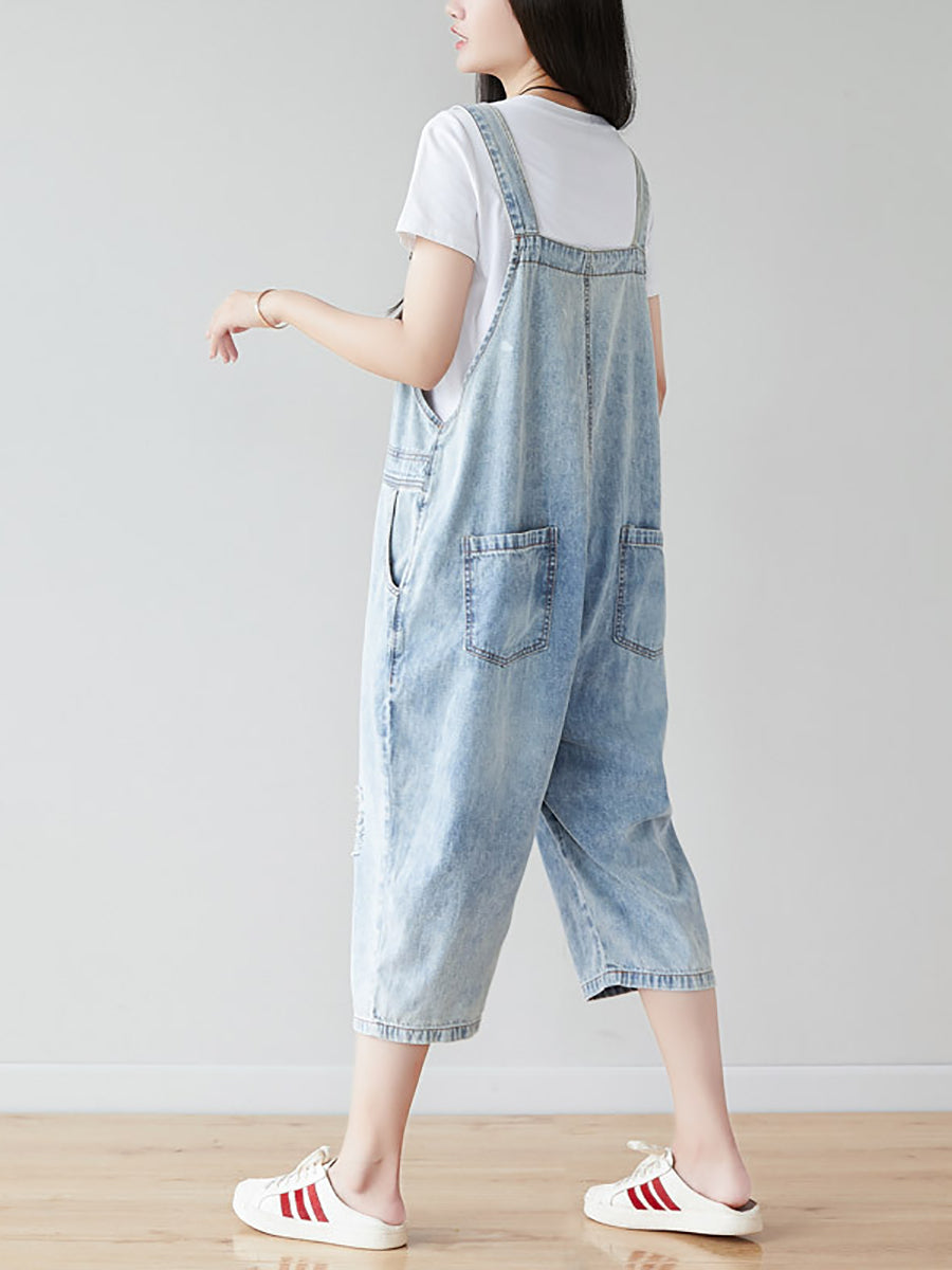 Women Retro Frayed Solid Claf-Length Denim Jumpsuits CO1019 Ada Fashion