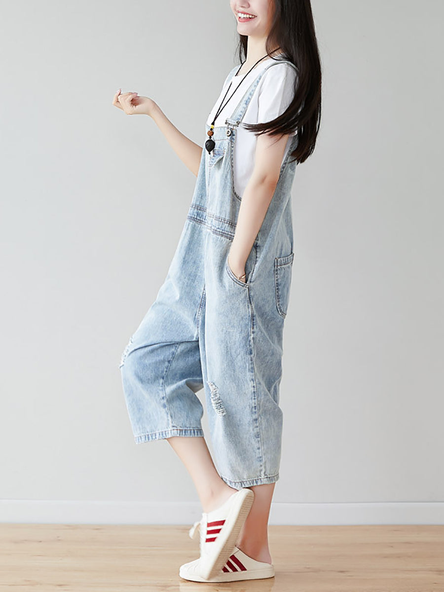 Women Retro Frayed Solid Claf-Length Denim Jumpsuits CO1019 Ada Fashion