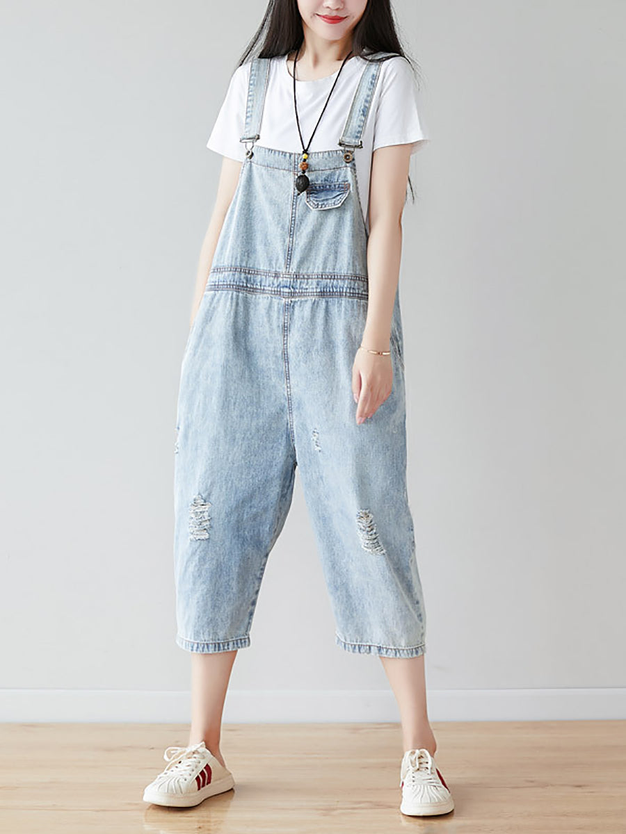 Women Retro Frayed Solid Claf-Length Denim Jumpsuits CO1019 Ada Fashion