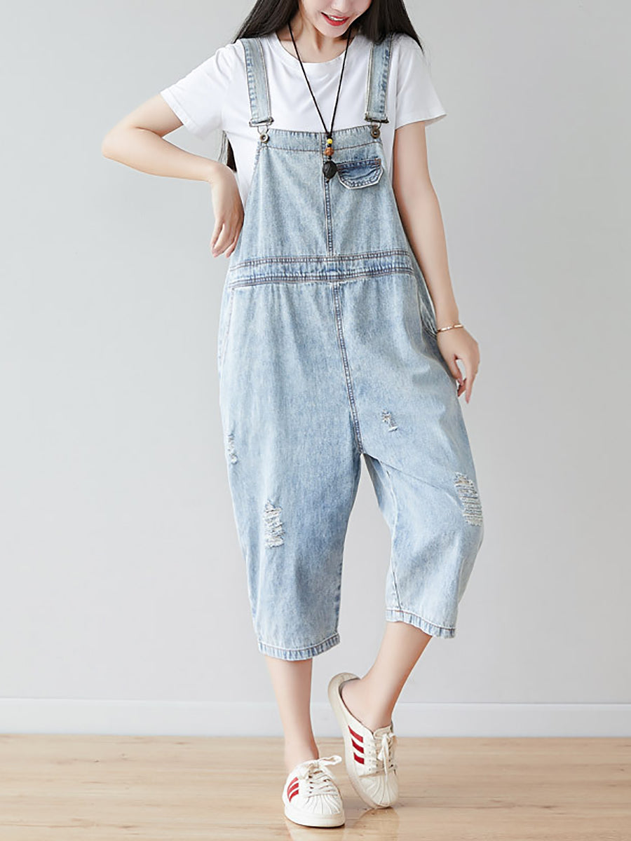 Women Retro Frayed Solid Claf-Length Denim Jumpsuits CO1019 Ada Fashion