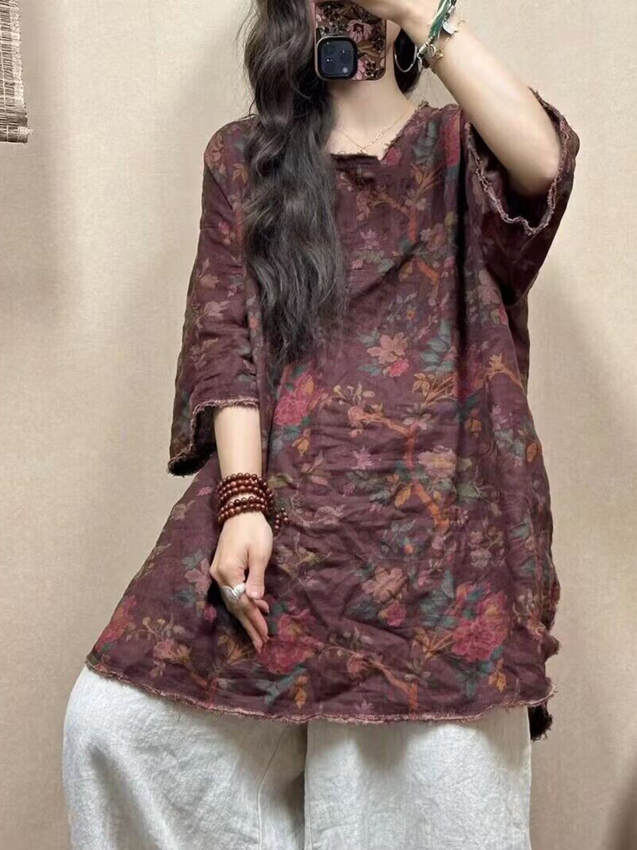 Women Vintage Flower Linen Summer Loose Shirt CO1018 Ada Fashion