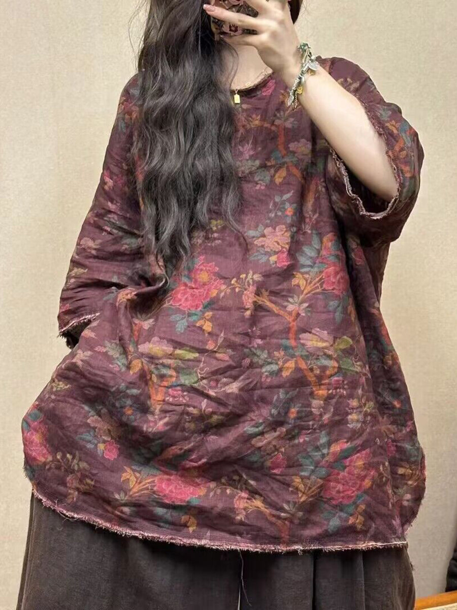 Women Vintage Flower Linen Summer Loose Shirt CO1018 Ada Fashion