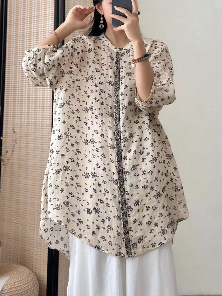 Women Artsy Flower Ramie Loose Long Shirt CO1016 Ada Fashion