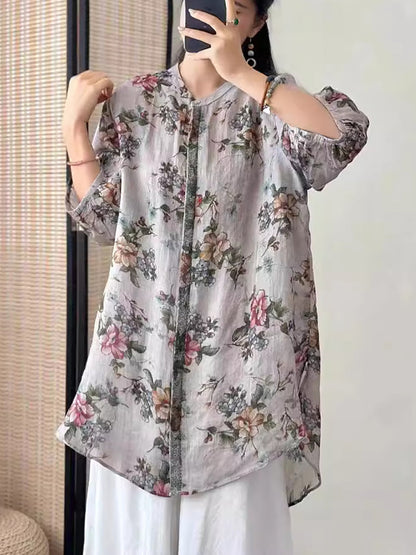 Women Artsy Flower Ramie Loose Long Shirt CO1016 Ada Fashion