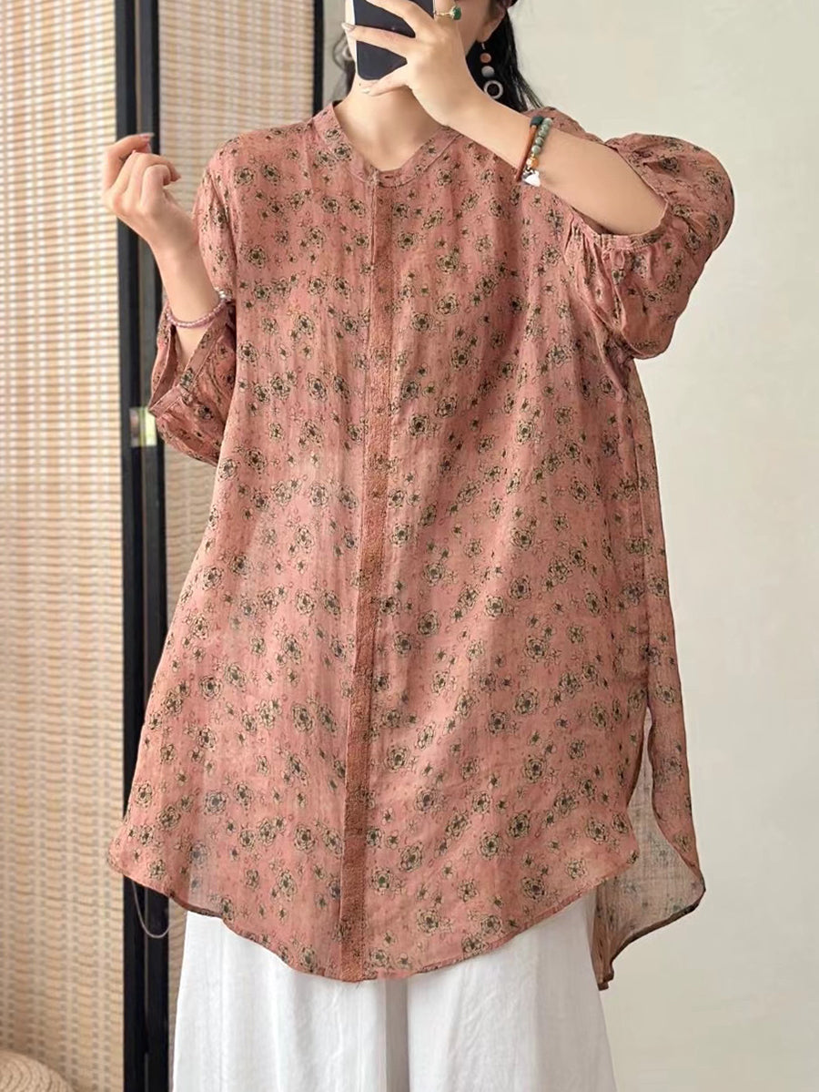 Women Artsy Flower Ramie Loose Long Shirt CO1016 Ada Fashion