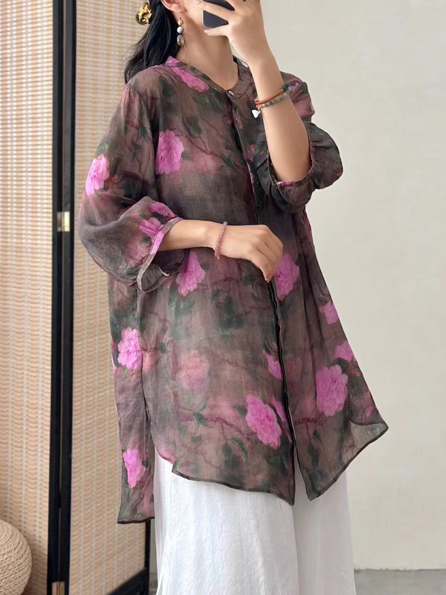 Women Artsy Flower Ramie Loose Long Shirt CO1016 Ada Fashion