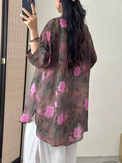 Women Artsy Flower Ramie Loose Long Shirt CO1016 Ada Fashion