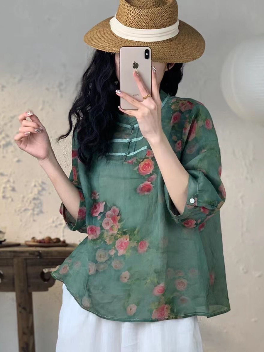 Women Spring Floral Vnitage Ramie Losoe Shirt CO1008 Ada Fashion