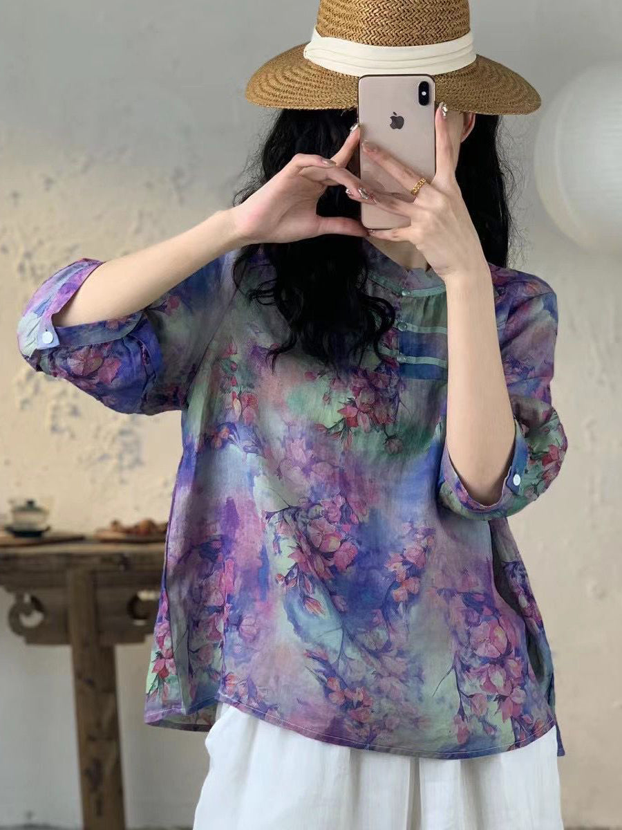 Women Spring Floral Vnitage Ramie Losoe Shirt CO1008 Ada Fashion