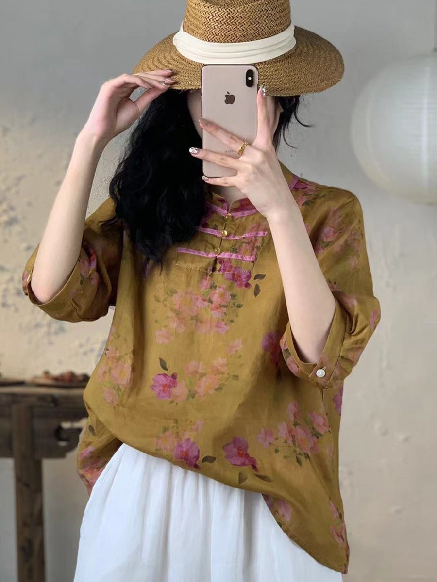 Women Spring Floral Vnitage Ramie Losoe Shirt CO1008 Ada Fashion