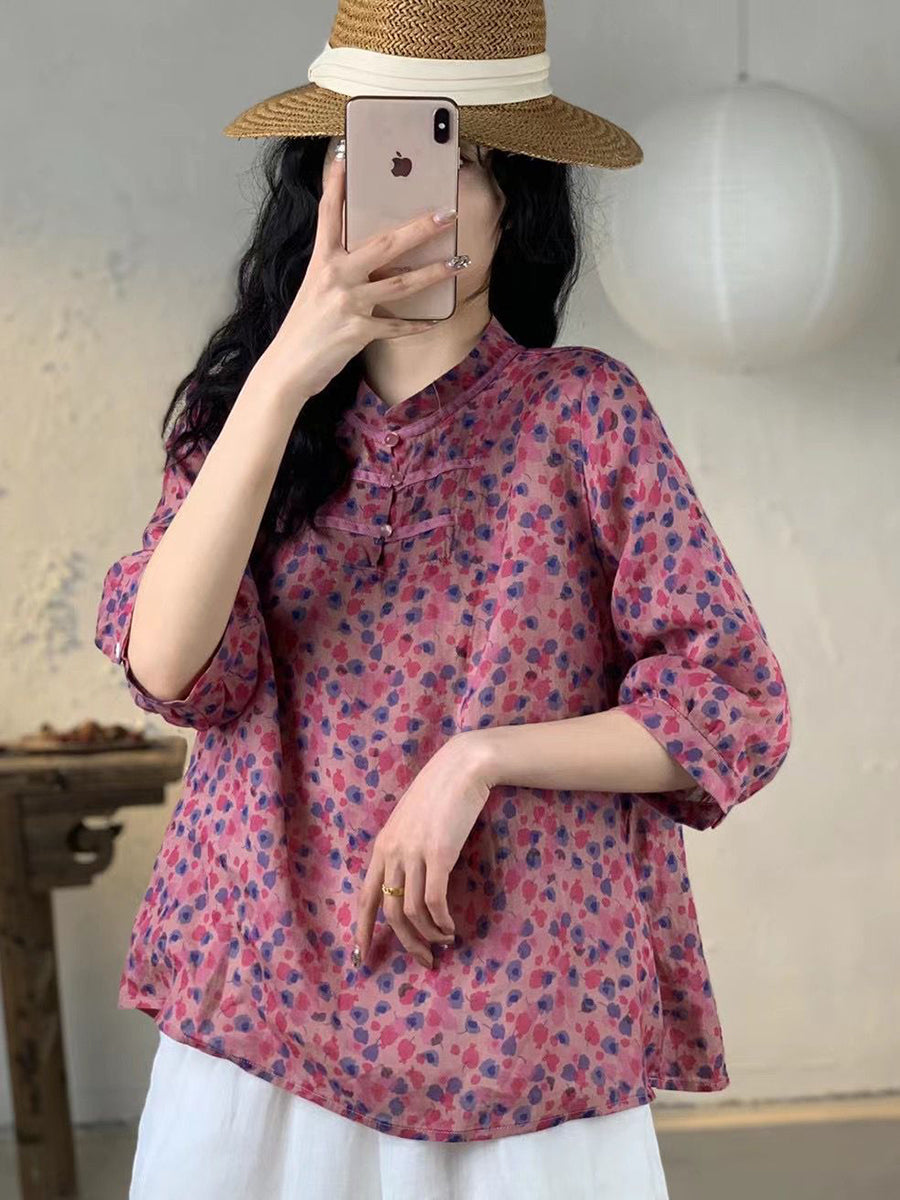 Women Spring Floral Vnitage Ramie Losoe Shirt CO1008 Ada Fashion