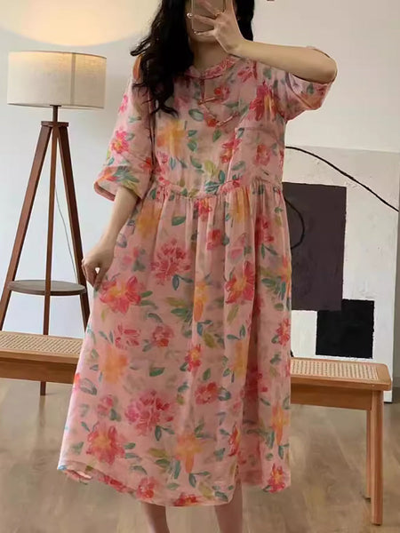 Women Artsy Floral Summer Ramie Loose Dress CO1009 Ada Fashion