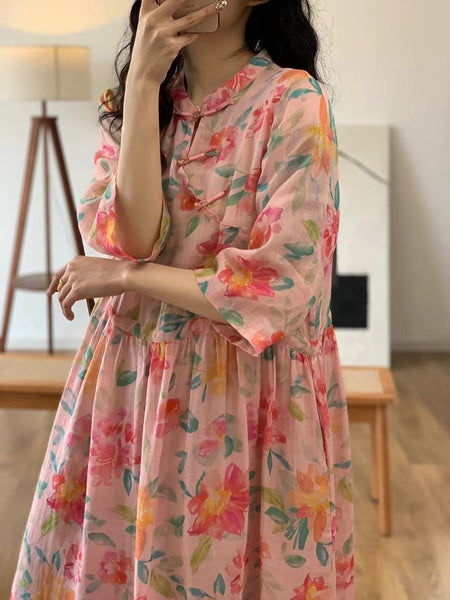 Women Artsy Floral Summer Ramie Loose Dress CO1009 Ada Fashion