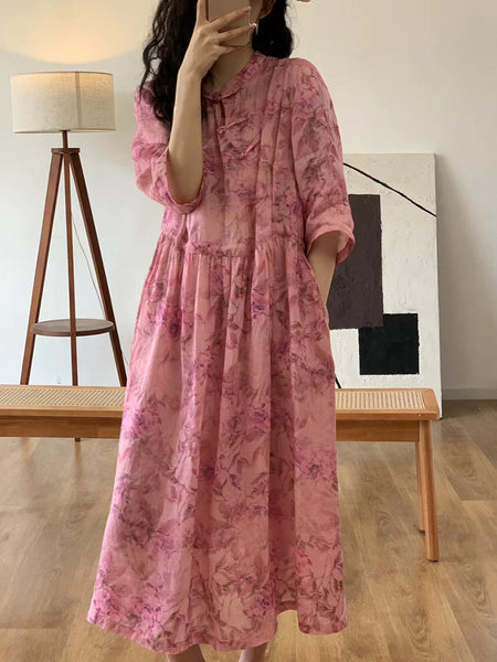 Women Artsy Floral Summer Ramie Loose Dress CO1009 Ada Fashion