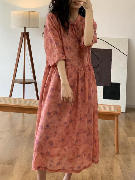 Women Artsy Floral Summer Ramie Loose Dress CO1009 Ada Fashion