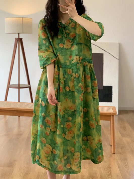 Women Artsy Floral Summer Ramie Loose Dress CO1009 Ada Fashion