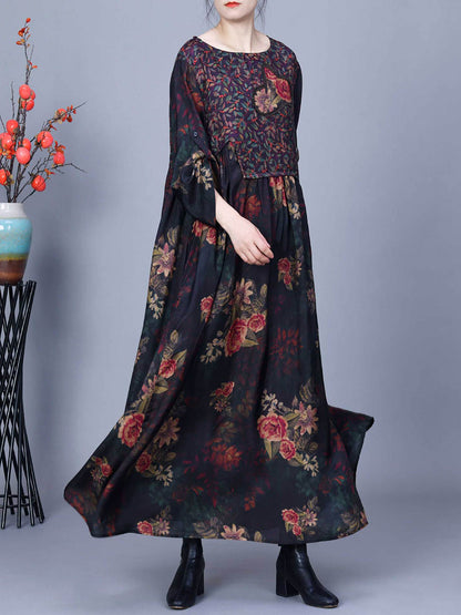 Women Vintage Floral Spliced Spring Loose Dress CO1011 Ada Fashion