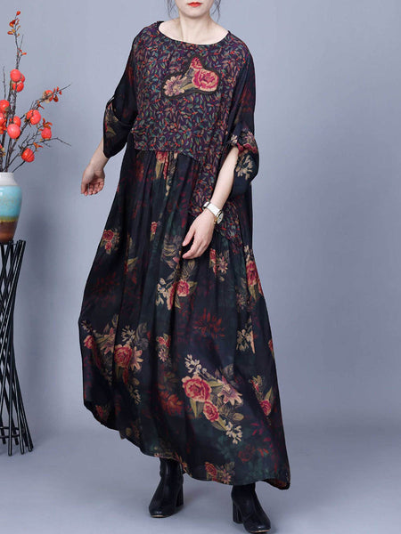 Women Vintage Floral Spliced Spring Loose Dress CO1011 Ada Fashion