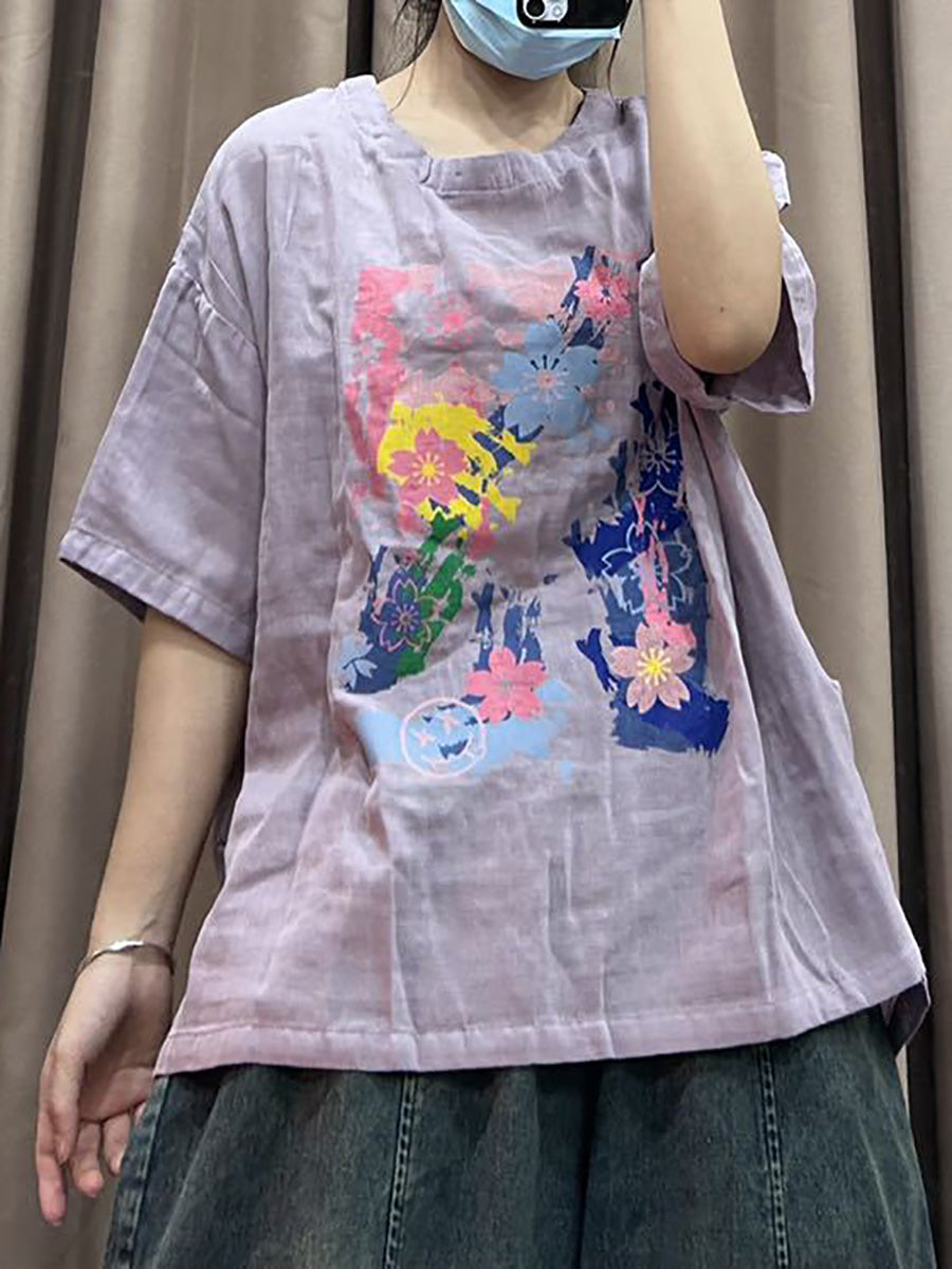 Women Spring Flower Print Vintage Cotton Loose Shirt CO1023 Ada Fashion