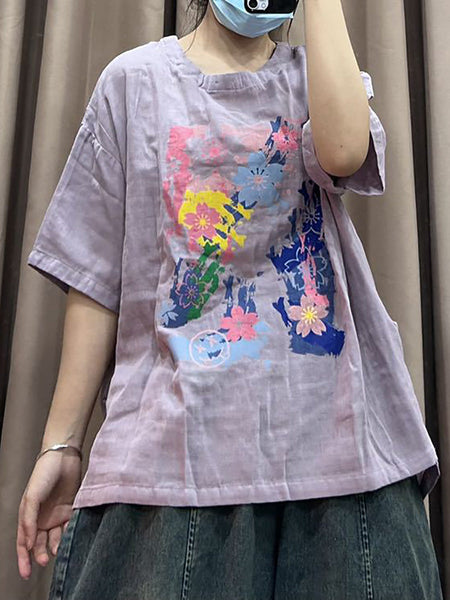 Women Spring Flower Print Vintage Cotton Loose Shirt CO1023 Ada Fashion