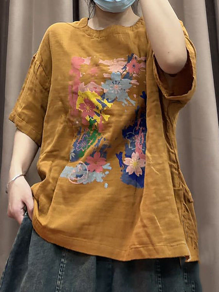 Women Spring Flower Print Vintage Cotton Loose Shirt CO1023 Ada Fashion