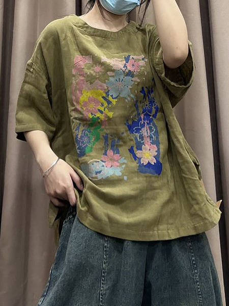 Women Spring Flower Print Vintage Cotton Loose Shirt CO1023 Ada Fashion