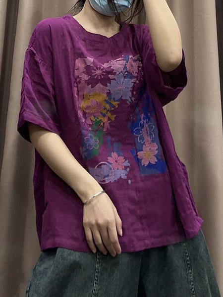 Women Spring Flower Print Vintage Cotton Loose Shirt CO1023 Ada Fashion