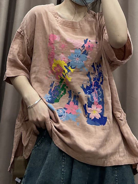 Women Spring Flower Print Vintage Cotton Loose Shirt CO1023 Ada Fashion