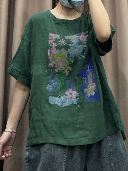 Women Spring Flower Print Vintage Cotton Loose Shirt CO1023 Ada Fashion