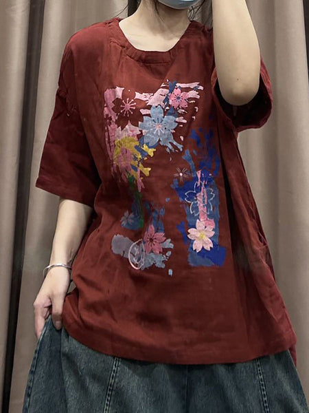 Women Spring Flower Print Vintage Cotton Loose Shirt CO1023 Ada Fashion